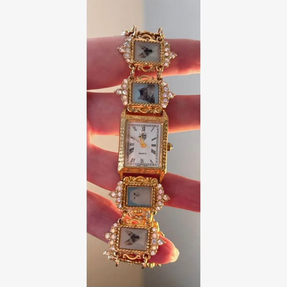 Rare VTG Kirks Folly Cat Portrait Gold Tone Bracelet Watch